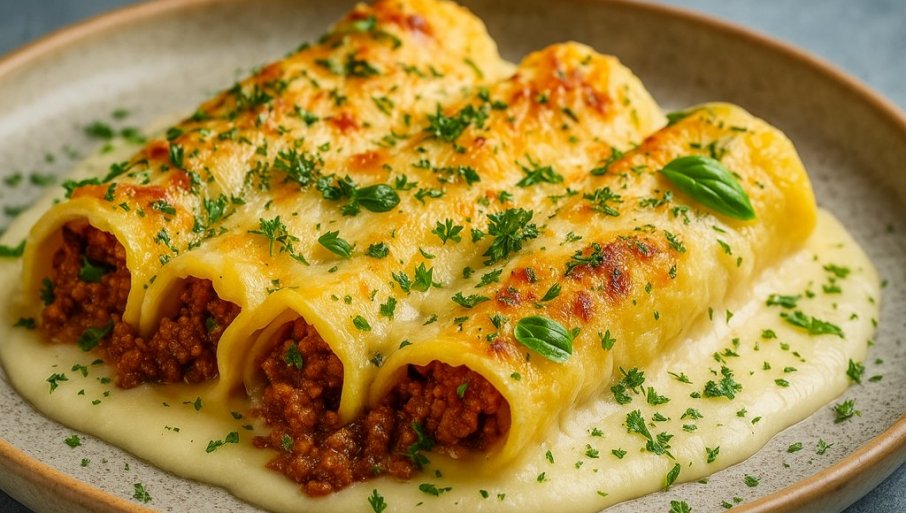 ÜBERBACKENE PFANNKUCHEN MIT FLEISCH UND WEISSER SAUCE